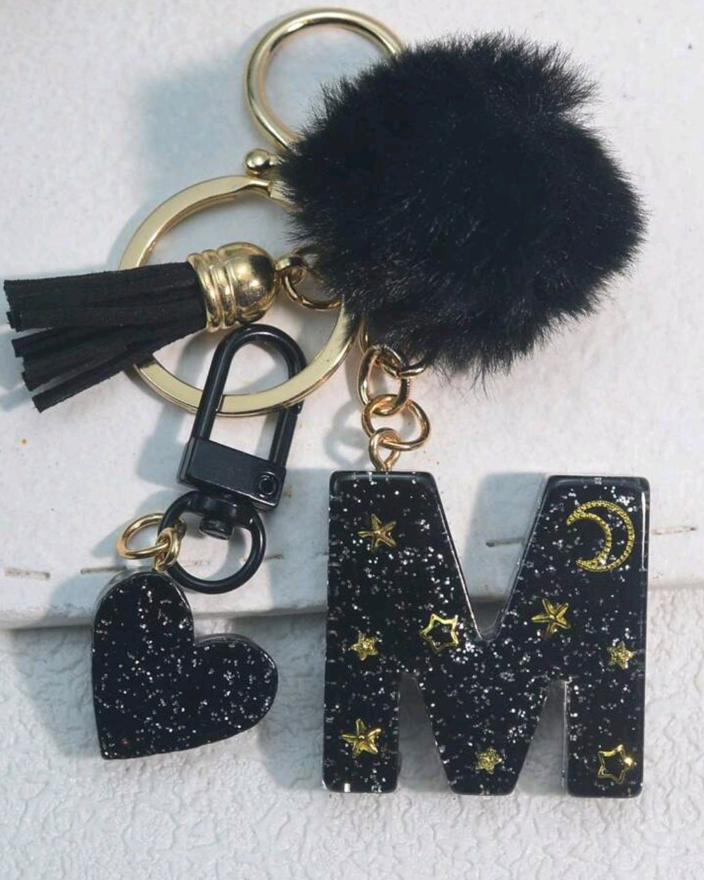 Resin Initial Letter Keychain with Pom Pom & Tassel