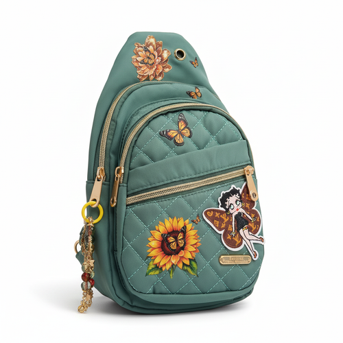 Teal quilted sling bag with sunflower and butterfly transfers on white background